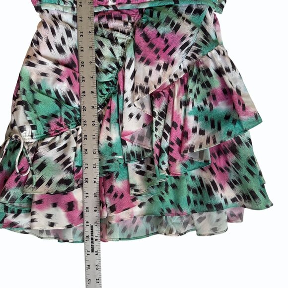 IRO Paris Womens Silk Louzia‎ Ruffle Mini Skirt Sz FR 34/ US 2 Pink Green Party - Picture 10 of 13